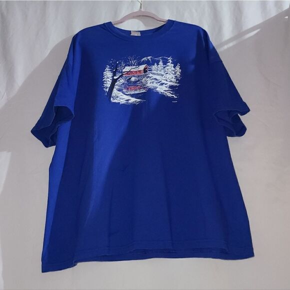 Hanes Blue Coverd Bridge Snow Winter Scene T-shirt Size 3XL - Picture 2 of 6